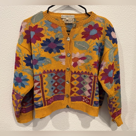 jamie & Jessi Seaton Sweaters - Jamie&Jessi Seaton Vintage Floral Intarsia Knit Cardigan 100% Cotton Made in UK